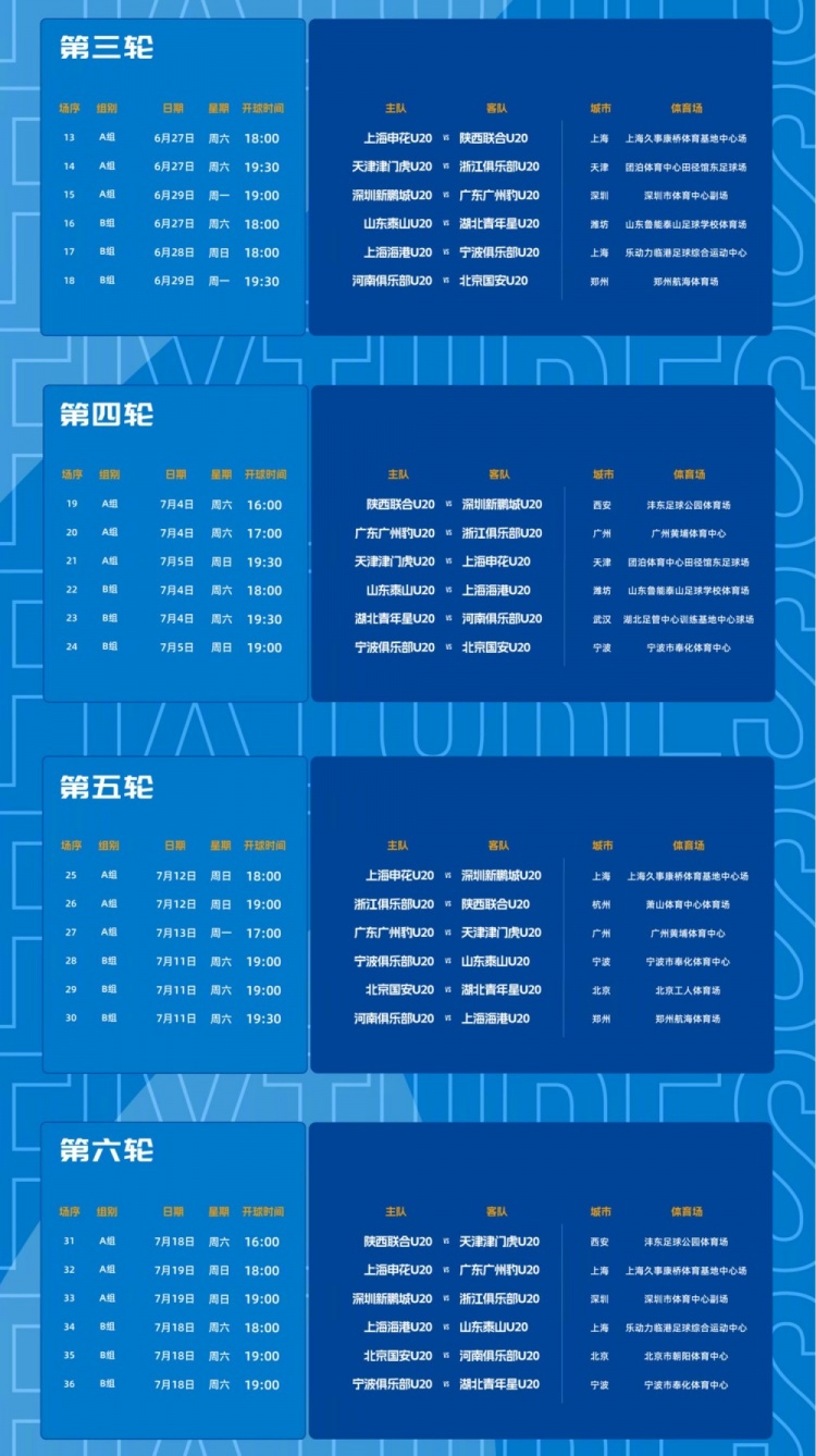 中青赛U20第二阶段赛程出炉 上海申花6月14日客战浙江 中青赛U20第二阶段赛程出炉 上海申花6月14日客战浙江